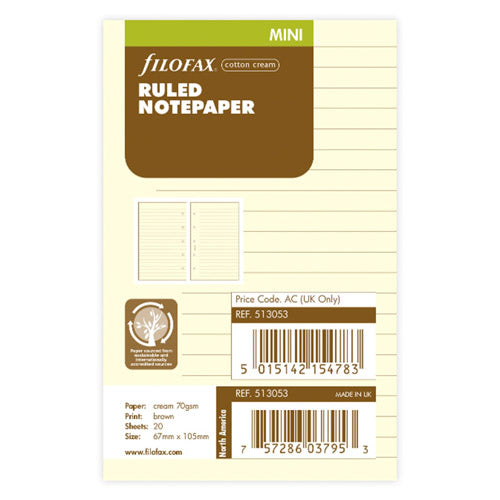 Filofax Mini Ruled Paper Refill 20pk (Cotton Cream)