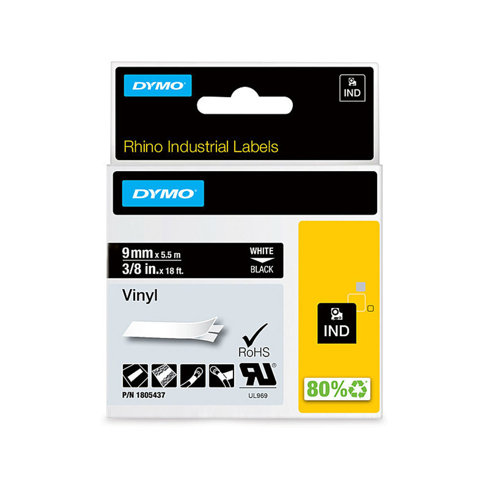 Dymo Rhino White op zwarte vinyltape