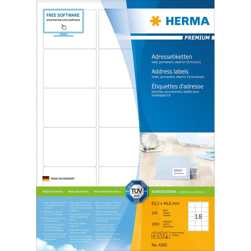 Herma Premium -adressetiketter A4 63,5mm 100 st