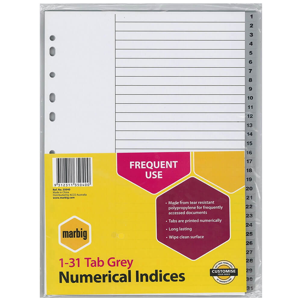 Marbig numerieke indices en dividers a4 (grijs)