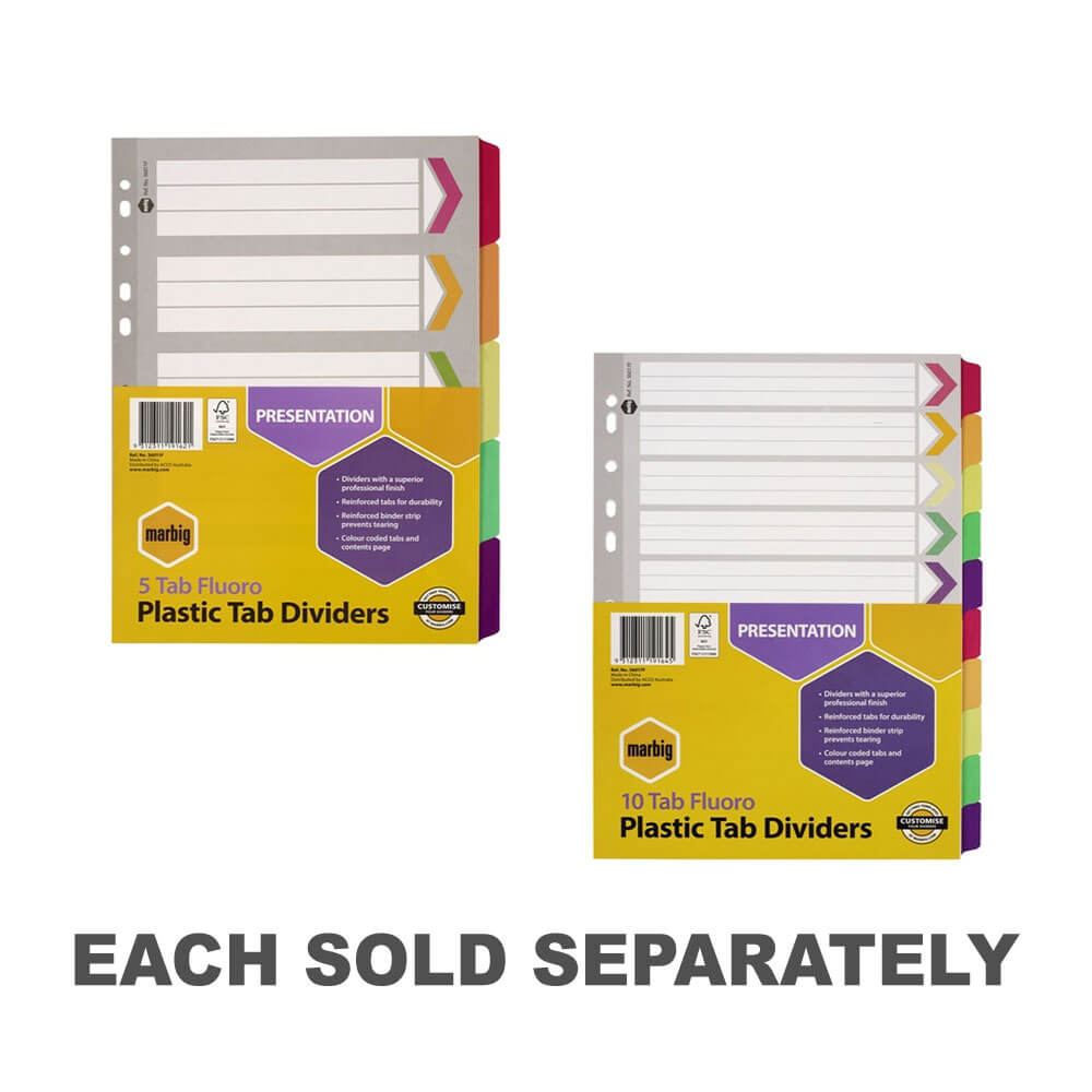 Marbig Manilla Plastic Tab Dividers A4 (Fluoro)