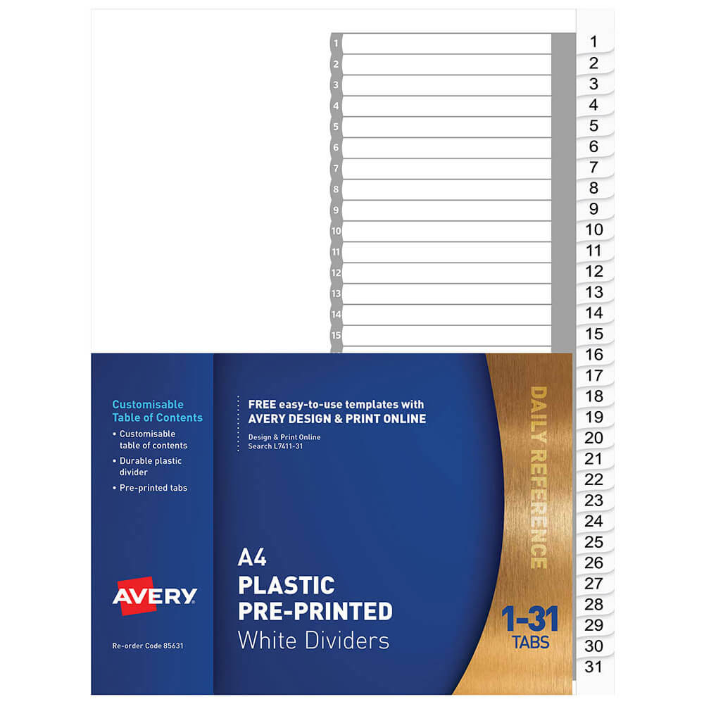 Avery Plastic pré-imprimé Dividers A4 (blanc)