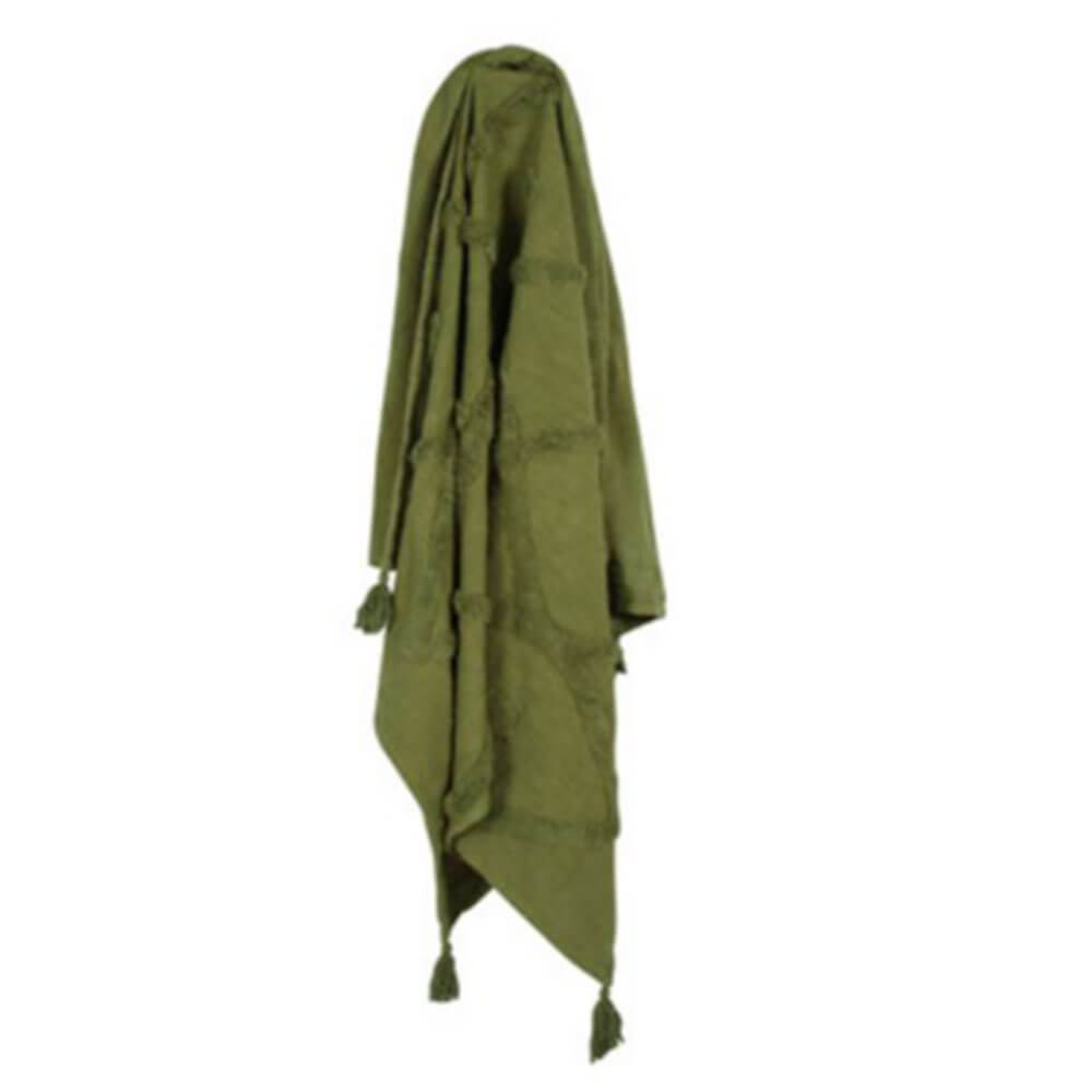 Piol Olive Green Cotton Throw W/ Tassle e Tufting