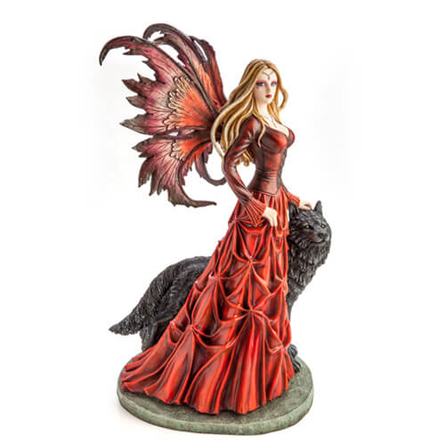 Large Red Fairy Princess with Black Wolf Figurine