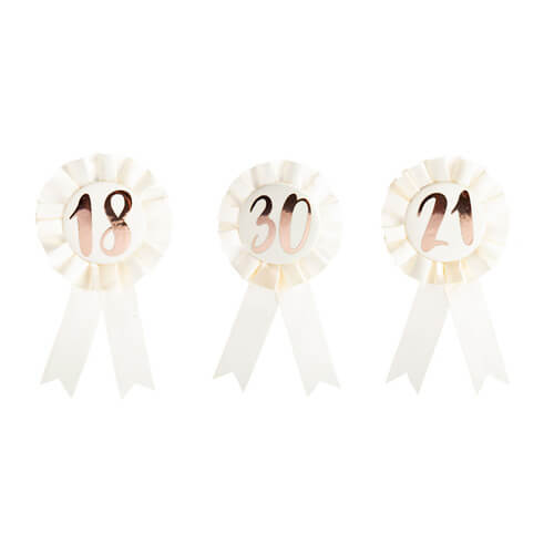 Birthday Rose Gold on White Rosette Badge