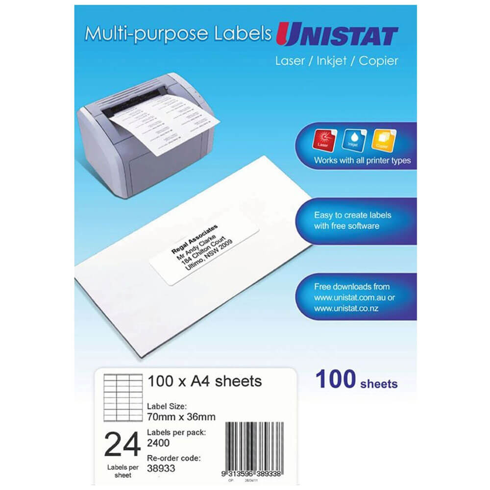 Unistat Laser/Inkjet/Copier Label 100pk